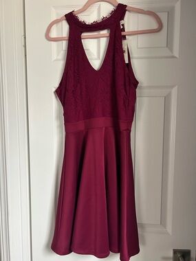Francesca's Collections One-Shoulder Lace Fit & Flare Dress in Wine